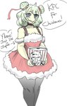 anthro blue_eyes blush breasts bucket choker christmas_clothing cleavage clothed clothing container dialogue dress female food fur_trim_(clothing) green_hair hair hair_bun holding_bucket holding_container holding_object holidays jewelry kfc_bucket leggings legwear looking_at_viewer necklace simple_background smile smiling_at_viewer solo standing stockings tailless talking_to_viewer text white_background yellow_body rexhastala cavemanon_studios christmas goodbye_volcano_high kfc snoot_game colonel_sanders stella_(gvh_beta) dinosaur human mammal ornithischian prehistoric_species reptile scalie stegosaurian stegosaurus thyreophoran colored english_text hi_res sketch