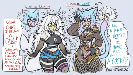 accessory belt blush body_swap breasts bulge clothing dialogue duo female femboy fishnet_clothing fishnet_legwear hair hair_accessory hairclip hand_on_bulge legwear looking_down male navel open_mouth simple_background surprised tail text white_hair fanterfane vtuber linechu lumia_(lumia_asta) animal_humanoid aquatic aquatic_humanoid cat_humanoid felid felid_humanoid feline feline_humanoid humanoid mammal mammal_humanoid pinniped pinniped_humanoid seal_humanoid 2026 digital_media_(artwork) english_text hi_res