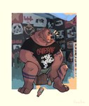 absurd_res alcohol anthro arm_tattoo bear beer belly beverage bottomwear clothed clothing facial_hair facial_piercing hi_res leg_tattoo looking_at_viewer lying male mammal on_front overweight overweight_male patadeperro piercing shorts sitting solo tattoo