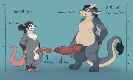5_fingers animal_genitalia animal_penis anthro balls big_balls big_penis big_tail black_claws black_hair blue_background blue_balls claws comparing countershade_tail countershade_torso countershading duo ears_down equine_genitalia equine_penis fangs feet fingers fur furless_tail genitals grey_body grey_fur hair hand_on_hip height_comparison horn huge_balls huge_penis hybrid_genitalia hybrid_penis imperial_unit knot knotted_penis looking_down looking_down_at_another looking_up looking_up_at_another male male/male mismatched_animal_penis mismatched_genitalia mismatched_penis multi_nipple nipple_outline nipples penis pink_feet pink_tail pivoted_ears scaled_penis sheath simple_background size_difference slightly_chubby spiked_glans spiked_penis spikes spikes_(anatomy) standing tail tail_tuft teeth text tuft vein veiny_penis white_body white_fur white_sheath yellow_body yellow_fur hexacult hexacult_(character) hexposs_(hexacult) american_opossum mammal marsupial monster absurd_res digital_drawing_(artwork) digital_media_(artwork) english_text hi_res