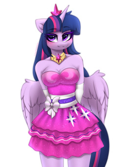 anthro blush breasts cleavage clothed clothing crown dress eyeshadow female headgear horn jewelry makeup necklace ribbons simple_background smile solo wings taiweiart friendship_is_magic hasbro my_little_pony mythology twilight_sparkle_(mlp) equid equine mammal mythological_creature mythological_equine winged_unicorn 3:4 absurd_res hi_res