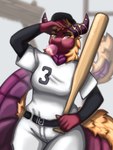 anthro baseball_bat baseball_uniform bat_(object) big_breasts blowing_bubble_gum breasts clothed clothing female horn looking_at_viewer non-mammal_breasts solo sportswear text uniform spicebunny mythology topaz_(evo3deer) dragon mythological_creature mythological_scalie scalie absurd_res artist_name digital_media_(artwork) digital_painting_(artwork) hi_res painting_(artwork) shaded soft_shading