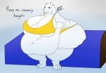 anthro barefoot belly big_belly big_breasts biped breasts cleavage clothed clothing dialogue feet female huge_breasts looking_at_viewer morbidly_obese morbidly_obese_anthro morbidly_obese_female obese obese_anthro obese_female offscreen_character overweight overweight_anthro overweight_female simple_background skimpy solo talking_to_viewer text thick_thighs weight_gain wide_hips yina undertale undertale_(series) toriel boss_monster_(undertale) bovid caprine mammal english_text