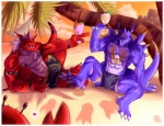 abs anthro beach beverage biceps big_muscles border bulge claws clothed clothing cloud duo eyes_closed facial_markings fangs feral food grin head_markings heart_symbol horn male markings muscular muscular_male nipples one_eye_closed outside palm_tree plant red_eyes sand seaside sitting sky smile swimming_trunks swimwear tail teeth tree white_border beaugilliam bandai_namco digimon fakemon mythology dragoneer_(character) fan_character arthropod crab crustacean decapoda digimon_(species) dragon growlmon malacostracan marine murasadramon mythological_creature mythological_scalie scalie