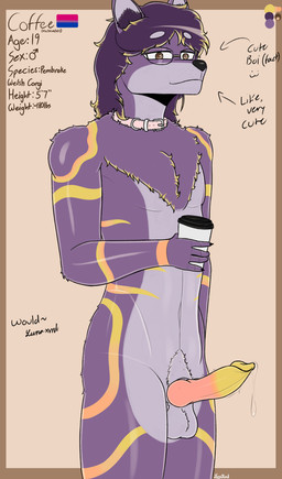 animal_genitalia animal_penis anthro canine_genitalia canine_penis collar eyewear genitals glasses knot knotted_penis male penis purple_body solo text lunaxml canid canine canis domestic_dog herding_dog mammal pastoral_dog welsh_corgi absurd_res english_text hi_res model_sheet