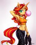 anthro anthrofied blonde_hair blowing_bubble_gum bubble bubble_gum candy clothing dessert female food gum hair horn inflating leather navel piercing pose red_hair solo moenkin equestria_girls hasbro my_little_pony mythology sunset_shimmer_(eg) equid equine mammal mythological_creature mythological_equine unicorn 2016