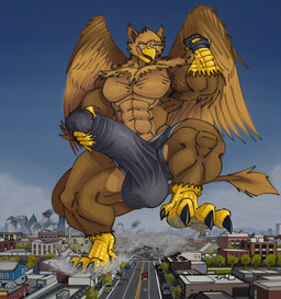4_toes 5_fingers abs anthro balls balls_outline beak biceps biped boxer_briefs briefs brown_body brown_fur building building_destruction bulge city city_background city_crushing city_destruction cityscape claws clothed clothing destruction detailed_bulge erection erection_under_briefs erection_under_clothing erection_under_underwear feathered_wings feathers feet finger_claws fingerless_gloves fingers fur genital_outline genitals gloves handwear house landscape_dwarfing macro macro_anthro macro_male male masturbation muscular muscular_anthro muscular_male open_mouth outside pawpads paws pecs penile penile_masturbation penis penis_outline rampage smile solo stomping tail toe_claws toes topless underwear vehicle vehicle_destruction wings apron555 mythology carpo avian gryphon mythological_avian mythological_creature hi_res