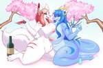 anthro blue_eyes blue_hair blush breasts duo female fur genitals hair horn nipples nude pussy smile tail isaaclou mythology isaaclou_(character) canid canine canis dragon fox mammal mythological_creature mythological_scalie scalie hi_res