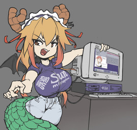 antlers big_breasts blonde_hair bottomwear breasts clothed clothing computer computer_monitor computer_screen crt denim denim_bottomwear denim_clothing electronics female green_tail hair horn huge_breasts jeans long_hair long_pigtails looking_at_viewer maid_headdress open_mouth orange_eyes pants pigtails retro_computer scales scaly_tail shirt simple_background solo tail text text_on_clothing text_on_shirt text_on_topwear thick_tail topwear wings awr_hey miss_kobayashi's_dragon_maid mythology sun_microsystems tohru_(dragon_maid) animal_humanoid dragon dragon_humanoid horned_humanoid humanoid mythological_creature mythological_scalie scalie tailed_humanoid 2022 digital_media_(artwork) hi_res