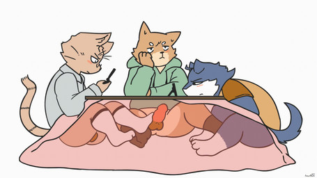 3_toes anthro balls blue_body blue_fur blush bottomless brown_body brown_fur cellphone clothed clothing electronics erection eye_contact eyewear feet foot_fetish foot_play footjob footwear frown fur furniture genitals glasses group group_sex hoodie humanoid_genitalia humanoid_penis kotatsu legwear looking_at_another male male/male mmm_threesome penile penis phone sex shota simple_background sitting sockjob socks stealth_sex sweater table threesome toes topwear trio under_table white_background white_body white_fur young young_anthro young_male astroblush bighornsheep_(artist) canid canine canis domestic_cat domestic_dog felid feline felis mammal 16:9 2d_animation animated frame_by_frame hi_res widescreen