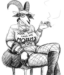 alternative_fashion anthro biped boots bracelet breasts cigarette clothed clothing ear_piercing eyewear female fishnet_clothing fishnet_legwear footwear fully_clothed goth handbag horn inverted_pentacle jewelry legwear necklace occult_symbol pentacle pentagram piercing scar shoes simple_background sitting solo sunglasses symbol text white_background hladilnik lucy_(hladilnik) demon black_and_white english_text hi_res monochrome
