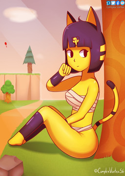 bandage blue_hair bob_cut chest_wraps detailed_background female fur hair half_naked outside plant sitting solo sunset tree uraeus wraps yellow_body yellow_fur complex_vortex animal_crossing nintendo ankha_(animal_crossing) animal_humanoid cat_humanoid felid felid_humanoid feline feline_humanoid humanoid mammal mammal_humanoid 2021 hi_res signature