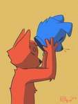 ambiguous_gender anthro blue_object chest_tuft collar eyes_closed fursuit_head head_tuft holding_object jewelry pendant red_body simple_background solo tuft bruno_borker ambiguous_species absurd_res hi_res