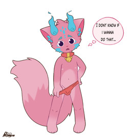 anthro bottomwear bulge clothing collar cute_fangs detailed_bulge dialogue facial_markings fangs fur head_markings male markings nipples pink_body pink_fur solo tail teeth text underwear undressing undressing_self young young_anthro young_male ryomin valyn_(ryomin) domestic_cat felid feline felis mammal english_text hi_res