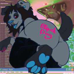 ambiguous_gender anthro big_butt body_writing bottomwear butt cleavage_cutout clothed clothing costume cutout e621_tags feet floppy_ears fur fursuit hair looking_at_viewer looking_back markings membrane_(anatomy) open_mouth paint pants partially_clothed pawpads presenting presenting_hindquarters raised_tail sagging_pants shirt smile solo spots spotted_markings tail text toe_wiggle toes tongue topwear webbed_feet whiskers wide_hips writing_on_butt inkslushee e621 microsoft microsoft_paint_(copyright) ravepop_(russelbuck) ink_(inkslushee) aquatic canid canine canis domestic_dog hybrid mammal pinniped seal 1:1 digital_media_(artwork) english_text hi_res nonbinary_(lore)