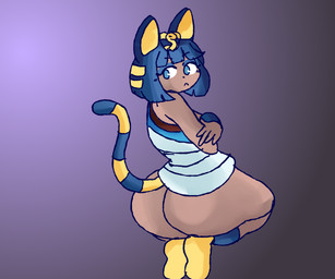 :< big_butt biped blue_eyes blue_eyeshadow blue_hair bob_cut bottomless bracelet butt clothed clothing crossed_arms dark_body dark_skin eyeshadow female footwear hair humanoidized jewelry kalasiris kneeling looking_back makeup markings purple_background rear_view seiza short_hair simple_background sitting solo striped_markings striped_tail stripes tail tail_markings thick_thighs topwear uraeus kirbyoblue animal_crossing nintendo ankha_(animal_crossing) animal_humanoid cat_humanoid felid felid_humanoid feline feline_humanoid humanoid mammal mammal_humanoid 2020 6:5 digital_media_(artwork) full-length_portrait hi_res portrait