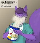 anthro bag chips_(food) clothing definition doctor eyes_closed food fur gradient_background hair potato_chips purple_body purple_fur purple_hair scrubs simple_background solo text cybercorn_entropic sniglets amethyst_du_sciur mammal rodent sciurid tree_squirrel 2016 english_text watermark