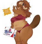 anthro big_breasts bottomwear breasts brown_body brown_fur brown_hair clothed clothing dialogue female fur hair hair_over_eyes hat headgear headwear huge_breasts long_hair navel overweight overweight_anthro overweight_female solo tail teeth text thick_thighs topwear cherrikissu gabby_(cherrikissu) beaver mammal rodent english_text hi_res portrait three-quarter_portrait