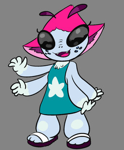 3_toes 4_arms 4_fingers alternate_species antennae_(anatomy) anthro big_ears black_eyes bottomless chest_tuft clothed clothing countershading dipstick_antennae ear_fur eyelashes fangs feet female fingers footwear freckles gesture grey_background grey_body hair looking_at_viewer multi_arm multi_limb multicolored_antennae open_hands oversized_clothing pink_hair sandals shirt shoes simple_background smile solo tank_top teeth toes topwear tuft waving waving_at_viewer white_hands wide_eyed kajabuubuu disney lilo_and_stitch the_buzz_on_maggie maggie_pesky alien alien_humanoid experiment_(lilo_and_stitch) humanoid 2020 crossover digital_drawing_(artwork) digital_media_(artwork) flat_colors