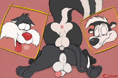 anal anal_penetration anthro anus balls black_nose bodily_fluids breath butt cutaway doggystyle duo erection from_behind_position genital_fluids genitals interspecies looking_pleasured male male/male mounting on_ground paws penetration penile penile_penetration penis penis_in_ass perineum precum raised_tail red_nose sex simple_background tail tongue tongue_out toony cintoon looney_tunes warner_brothers pepe_le_pew sylvester_(looney_tunes) domestic_cat felid feline felis mammal mephitid skunk tuxedo_cat hi_res signature