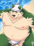 anthro beach belly big_belly black_nose clothing eyes_closed green_body kemono male moobs navel nipples overweight overweight_male seaside solo swimwear water gonda_29 lifewonders live_a_hero mokdai canid canine canis domestic_dog mammal 2022 3:4 hi_res