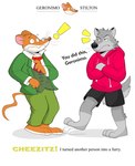 anthro bottomwear clothing dialogue duo eyewear feet glasses grey_body hoodie male necktie pants shirt surprised text topwear ruffusbleu geronimo_stilton_(series) geronimo_stilton canid canine canis mammal mouse murid murine rodent wolf 2024 english_text hi_res