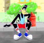 anthro bottomwear clothing erection genitals humanoid_genitalia humanoid_penis male outside penis penis_poking_out penis_through_leghole shorts sitting solo tongue tongue_out syforg looney_tunes warner_brothers daffy_duck anatid anseriform avian bird duck hi_res