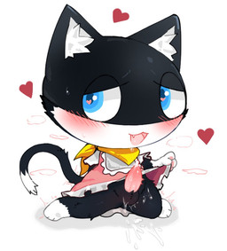 anthro balls blue_eyes blush bodily_fluids breath cat_smile cat_tail clothed clothing crossdressing cum cum_on_balls cum_on_ground cum_on_own_balls cum_on_self cumshot dress dripping ejaculation embarrassed genital_fluids genitals heart_pupils heart_symbol hearts_around_head looking_aside maid_uniform male mask open_mouth penis precum precum_drip precum_on_penis raised_clothing raised_dress scarf shadow shortstack shortstack_male simple_background sitting solo sweat tongue tremble_spikes uniform wariza white_background kirichiiii atlus megami_tensei persona_(series) persona_5 sega morgana_(persona) domestic_cat felid feline felis mammal 2025 cel_shading digital_drawing_(artwork) digital_media_(artwork) shaded