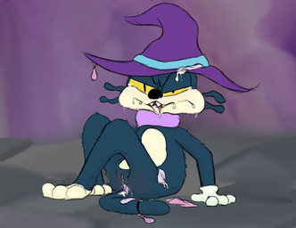 after_sex anthro bodily_fluids clothing condom condom_inside cum cum_in_mouth cum_inside female genital_fluids genitals gloves handwear hat headgear headwear magic_user sexual_barrier_device sitting solo vulva witch witch_hat srjakbee acecraft domestic_cat felid feline felis mammal hi_res