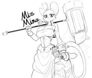 anthro big_breasts breasts clothed clothed_anthro clothed_female clothing dagger dress female hammer holding_dagger holding_hammer holding_melee_weapon holding_object holding_tool holding_weapon melee_weapon notched_ear solo tail tools weapon maned_kitsune mina_the_hollower yacht_club_games mina_(mina_the_hollower) mammal mouse murid murine rodent 2026 black_and_white hi_res monochrome sketch