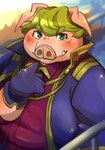 anthro belly blonde_hair blush chubby_cheeks classy clothed clothing coat_cape gloves green_eyes hair handwear male overweight overweight_anthro overweight_male shirt_collar_pull smile solo tusks matatabi88 tiri_mama domestic_pig mammal suid suina sus_(pig) hi_res