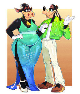 anthro black_body breasts clothing female footwear gloves handwear high_heels horn jewelry male male/female pose shoes smile thick_thighs wide_hips boolishclara disney clarabelle_cow goofy_(disney) bovid bovine canid canine cattle mammal hi_res
