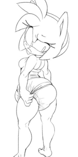 accessory anthro backless_dress barefoot blush breasts clothed clothing clothing_pull diaper diaper_under_clothing diaper_under_dress dress dress_pull eyelashes feet female frown hair_accessory hairband hand_on_dress looking_down one_eye_half-closed rear_view side_boob solo standing wearing_diaper sophiepoof sega sonic_the_hedgehog_(series) amy_rose eulipotyphlan hedgehog mammal monochrome