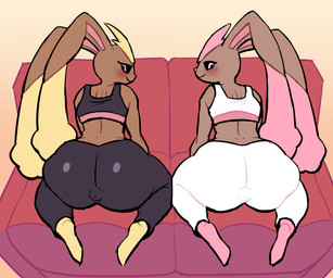 anthro anthrofied big_butt big_ears black_bottomwear black_clothing black_sclera black_topwear blush bottomwear bra brown_body brown_fur butt buttplug_outline clothed clothing dipstick_ears duo ear_markings eyebrows eyelashes female floppy_ears fur furniture huge_butt kneeling long_ears looking_at_viewer looking_back looking_back_at_viewer lop_ears multicolored_ears object_in_ass pants pink_body pink_eyes pink_fur pokemorph rear_view simple_background smile sofa sports_bra tan_background thick_eyebrows thick_thighs topwear underwear white_bottomwear white_clothing white_topwear wide_hips yellow_body yellow_fur yoga_pants lovetopullmicke nintendo pokemon generation_4_pokemon lopunny mammal pokemon_(species) shiny_pokemon hi_res