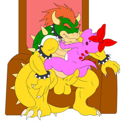 accessory ambiguous_gender anal anthro balls bow_ribbon chair duo eyes_closed furniture genitals hair_accessory hair_bow hair_ribbon interspecies male penetration penis pink_body ribbons sitting sitting_position straddling tail throne unknown_artist mario_bros nintendo birdo_(character) bowser birdo dragon_koopa koopa pink_birdo scalie digital_media_(artwork)