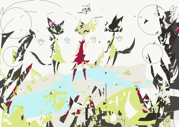 abstract_background ambiguous_gender anthro black_body black_fur clothing dress eyes_closed fur green_clothing green_dress green_eyes group red_clothing red_dress smile standing trio yellow_body yellow_fur naircat domestic_cat felid feline felis mammal 2017 digital_drawing_(artwork) digital_media_(artwork) microsoft_paint_(artwork)