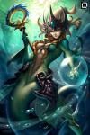 5_fingers black_sclera breasts bubble day female fingers green_body green_skin holding_object holding_weapon humanoid humanoid_hands league_of_legends looking_at_viewer marine merfolk nami_(lol) quirkilicious red_eyes riot_games solo split_form staff tan_body tan_skin underwater water weapon