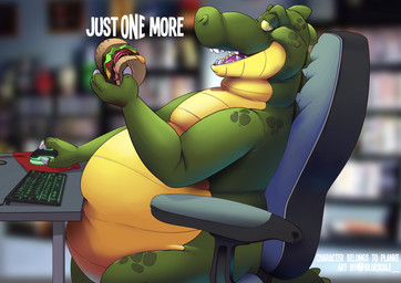 ambiguous_gender belly belly_on_table big_belly blue_eyes blurred_background burger chubby_cheeks computer_keyboard computer_mouse eating eating_food food gamer_boy gaming_chair half-closed_eyes keyboard mousepad narrowed_eyes nude obese obese_ambiguous open_mouth overweight overweight_ambiguous solo text bluescale_(artist) alligator alligatorid crocodilian reptile scalie 2022 digital_media_(artwork) english_text hi_res watermark