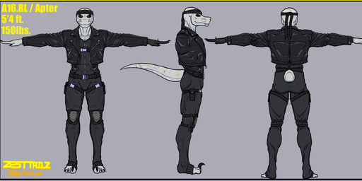 accessory anthro apter_(aptertheraptor) athletic belt black_clothing black_eyes clothing grey_body grey_scales harness headband jacket jumpsuit leather leather_clothing leather_jacket leather_topwear male pupils red_pupils scales scar scarred_body smile solo standing t-pose tactical_gear topwear zipper aptertheraptor dinosaur dromaeosaurid prehistoric_species reptile saurischian scalie theropod velociraptor absurd_res hi_res model_sheet
