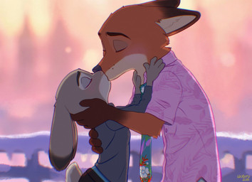 anthro blush clothed clothing duo eyes_closed female hand_on_head kissing male male/female necktie scut_tail short_tail tail uwuwateru disney zootopia judy_hopps nick_wilde canid canine fox lagomorph leporid mammal rabbit 2026 hi_res signature