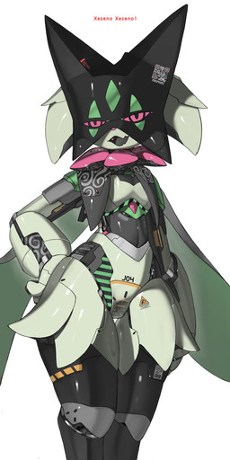 ambiguous_gender anthro black_body green_body grey_body machine mask metallic_body open_mouth pink_eyes pink_nose simple_background solo text white_background xezeno nintendo pokemon generation_9_pokemon meowscarada pokemon_(species) robot 2026 english_text hi_res