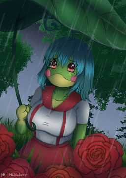 anthro cheek_spots female flower grass green_body green_hair hair leaf markings plant raining red_eyes rose_(flower) solo tree mihukoro nintendo pokemon amphibian frog generation_2_pokemon pokemon_(species) politoed toad_(frog)