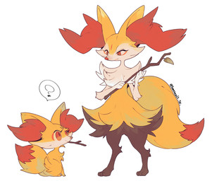 ambiguous_gender anthro duo feral fur grey_body grey_fur holding_object inner_ear_fluff leaf multicolored_body object_in_mouth orange_body orange_eyes orange_fur paws question_mark simple_background sitting stick tail tuft white_body white_fur yellow_body yellow_fur batten12 nintendo pokemon braixen canid canine fennekin generation_6_pokemon mammal pokemon_(species) 2025 hi_res signature
