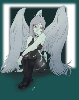 anthro black_boots black_bottomwear black_clothing black_crop_top black_footwear black_pants black_shirt black_topwear blue_body blurred_background bone_frill boots bottomwear bracelet breasts choker claws clothed clothed_anthro clothed_female clothing collar crop_top elbow_feathers feathered_wings feathers female finger_claws fingers footwear frill_(anatomy) green_background grey_body grey_feathers grey_hair hair half-closed_eyes humanoid_hands jewelry knee_boots knee_highs legwear long_hair looking_at_viewer markings medium_breasts narrowed_eyes necklace non-mammal_breasts orange_eyes pants shadow shirt shoes short_tail simple_background smile solo spiked_collar spikes striped_markings stripes tail text topwear torn_bottomwear torn_clothing torn_pants wings louiss. cavemanon_studios goodbye_volcano_high ko_op_(game_developer) snoot_game fang_(gvh) prehistoric_species pterosaur reptile scalie absurd_res artist_name colored hi_res shaded