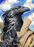 anthro beak claws eyebrows feathers looking_at_viewer sky solo finbeard avian bird corvid oscine passerine digital_drawing_(artwork) digital_media_(artwork) headshot_portrait hi_res portrait