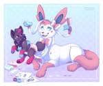ambiguous_gender baby_powder bow_(feature) brush clothed clothing collar diaper duo feral footprint holding_person open_mouth paint painting paper pawprint ribbons_(anatomy) sitting soap wearing_diaper young applepup nintendo pokemon eeveelution generation_5_pokemon generation_6_pokemon pokemon_(species) sylveon zorua hi_res