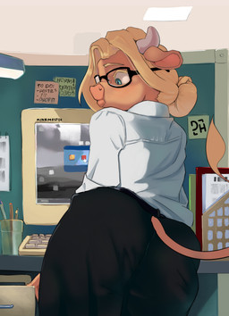 anthro butt cathode_ray_tube clothing crt_monitor cubicle eyewear female glasses inside office_lady post-it_note shirt solo standing text topwear white_clothing white_shirt white_topwear drafthoof microsoft microsoft_windows windows_xp betty_brown bovid bovine cattle mammal absurd_res english_text hi_res