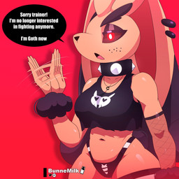 alternative_fashion anthro arm_tuft armwear big_breasts big_ears black_body black_clothing black_eyeshadow black_fur black_nose black_panties black_topwear black_underwear breasts brown_body brown_fur brown_sclera clothing collar dialogue ear_piercing eyebrows eyelashes eyeshadow female fishnet_armwear fishnet_clothing floppy_ears freckled_face freckles front_view fur glistening_eyelids goth long_ears long_eyelashes looking_at_viewer lop_ears makeup motion_lines navel open_mouth panties piercing red_background red_eyes simple_background solo speech_bubble spiked_collar spikes talking_to_viewer text thick_eyebrows thick_thighs topwear tuft underwear wide_hips wrist_tuft bunnemilk nintendo pokemon generation_4_pokemon lopunny pokemon_(species) 1:1 english_text hi_res