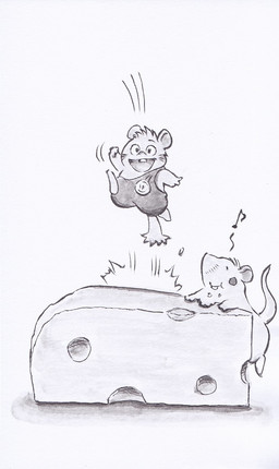 anthro biped cheese chibi clothed clothing dairy_products duo eating eyes_closed food jumping micro musical_note musical_symbol simple_background slightly_chubby symbol hiraoka_senitsu gamba_no_bouken gamba_no_bouken_(series) bobo_(gamba_no_bouken) ganba mammal mouse murid murine rodent 2020