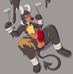 animal_genitalia animal_penis anthro anthrofied balls black_body black_tail bound brown_eyes canine_genitalia canine_penis chain chained erection genitals goo_transformation grey_background half-closed_eyes horn hypnosis knot male mind_control multicolored_body narrowed_eyes open_mouth orange_balls orange_body penis red_penis ringed_eyes simple_background solo spade_tail spread_legs spreading tail tongue tongue_out transformation yellow_body crisstail mythology nintendo pokemon dragon generation_2_pokemon houndoom mythological_creature mythological_scalie pokemon_(species) scalie hi_res